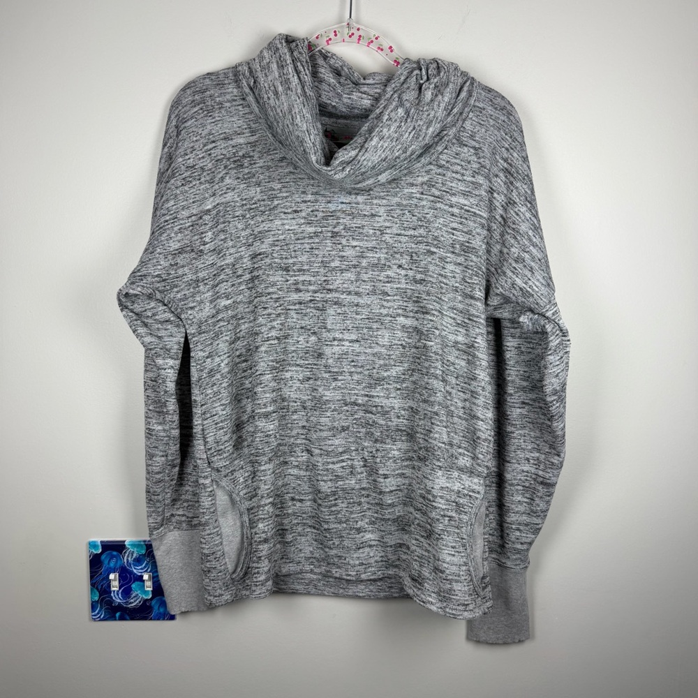 Athleta Sweater Top Womens Large Heather Gray Cowl Neck Thumb Holes Running Gym
